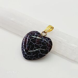 Brown Blue  White Dragon Veins Agate Heart Pendant Gold Toned Bail 1.06"